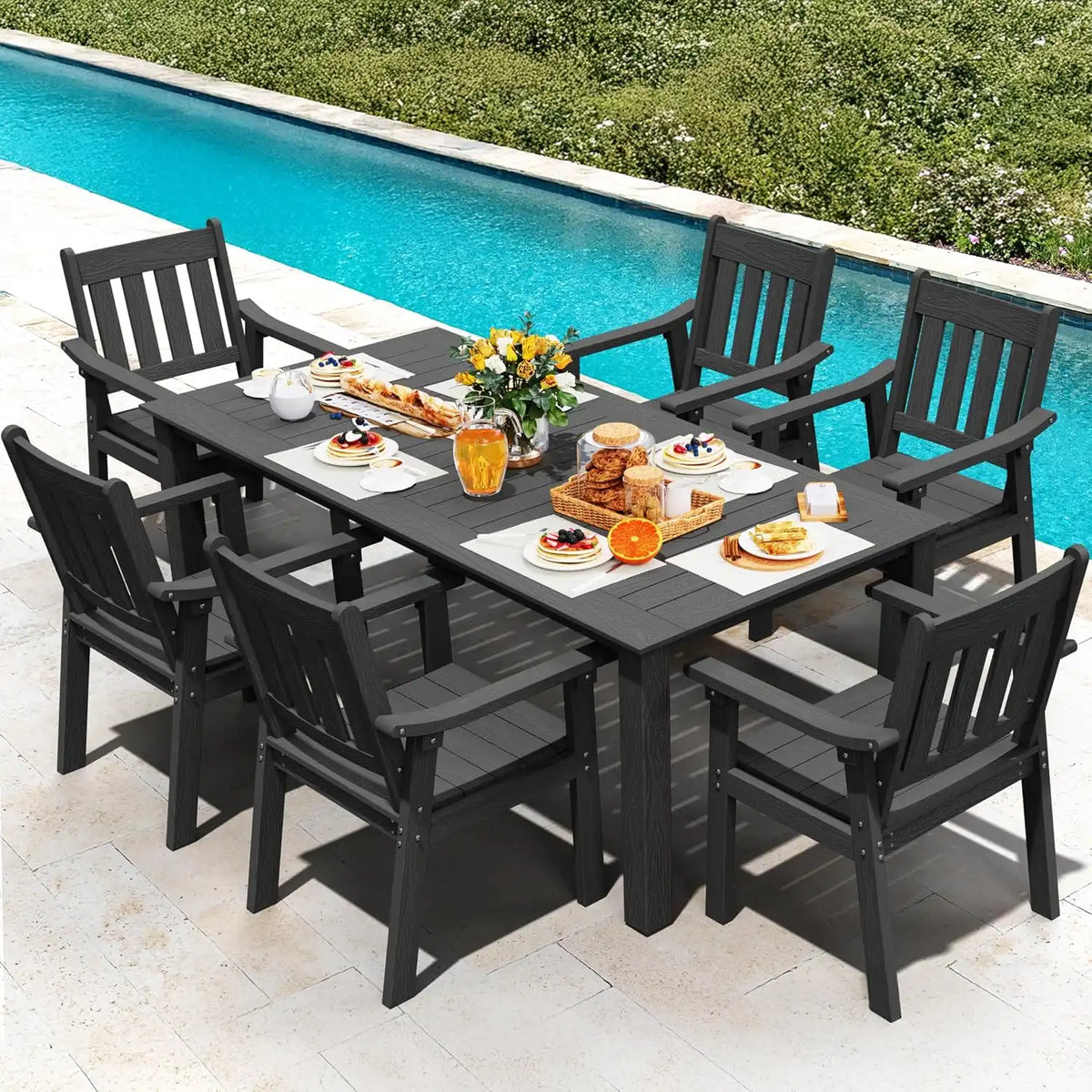 YEFU 7-Piece Patio Table Set, All-Weather HIPS, Aluminum Frame, Black