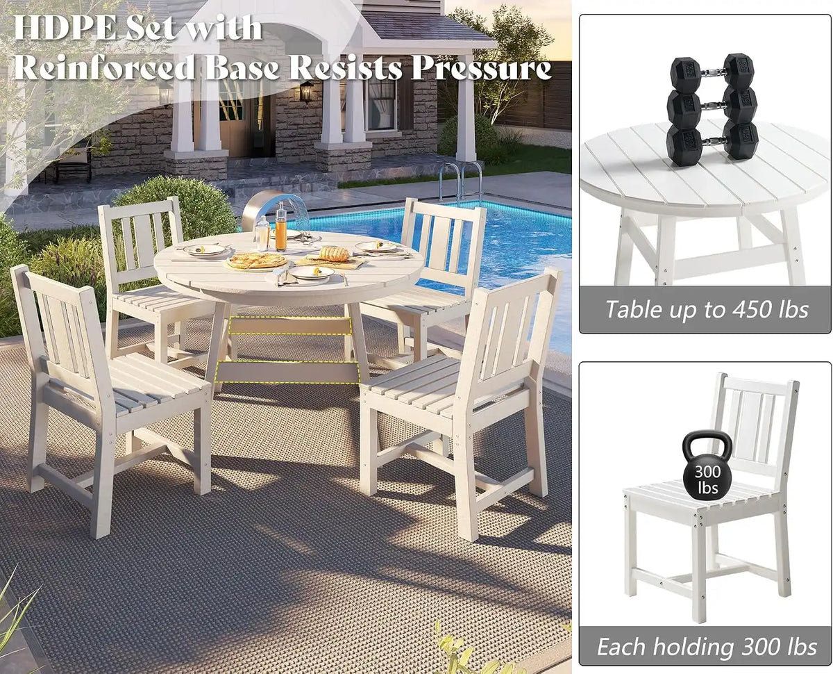 AMERLIFE Outdoor Dining Set for 4, HDPE Round Table and Chairs, White