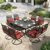 PHI VILLA Outdoor Dining Set 9 Pieces, 57.5" Square Table, Umbrella Hole | Wrought Iron, Iron Chairs, Red Cushions, Black & Red, Weather-Resistant