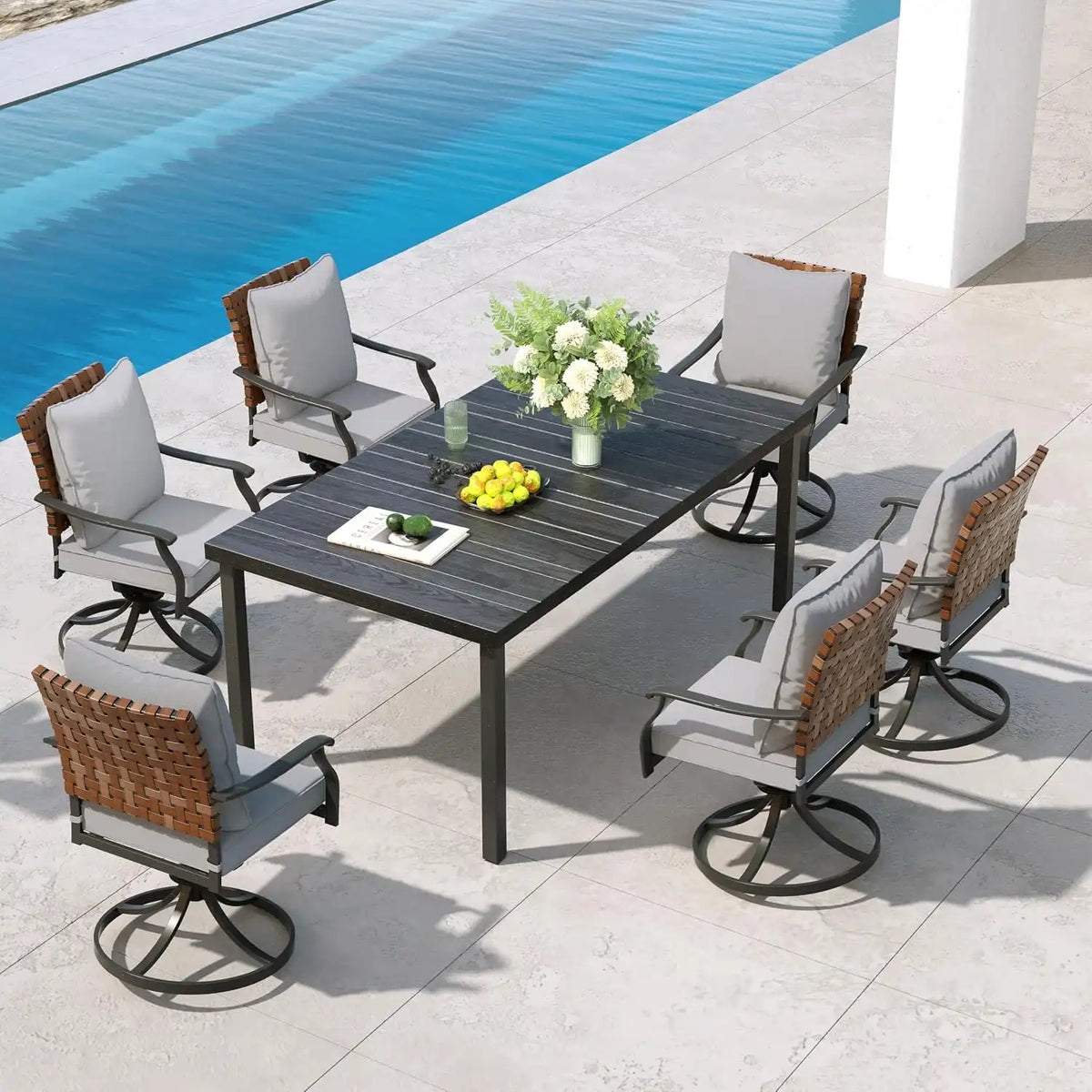 Grand patio 7-Pc Outdoor Swivel Dining Set, 6 Gray Chairs + Table, Black