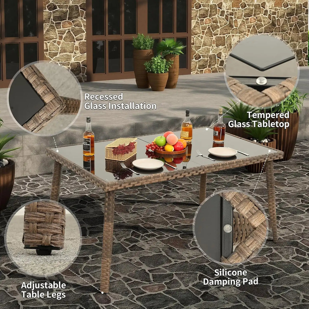 Rattaner Brown Wicker Patio Dining Set 7 Pieces Outdoor Dining Table and Chairs with Cushions and Waterproof Cover, Royal Blue