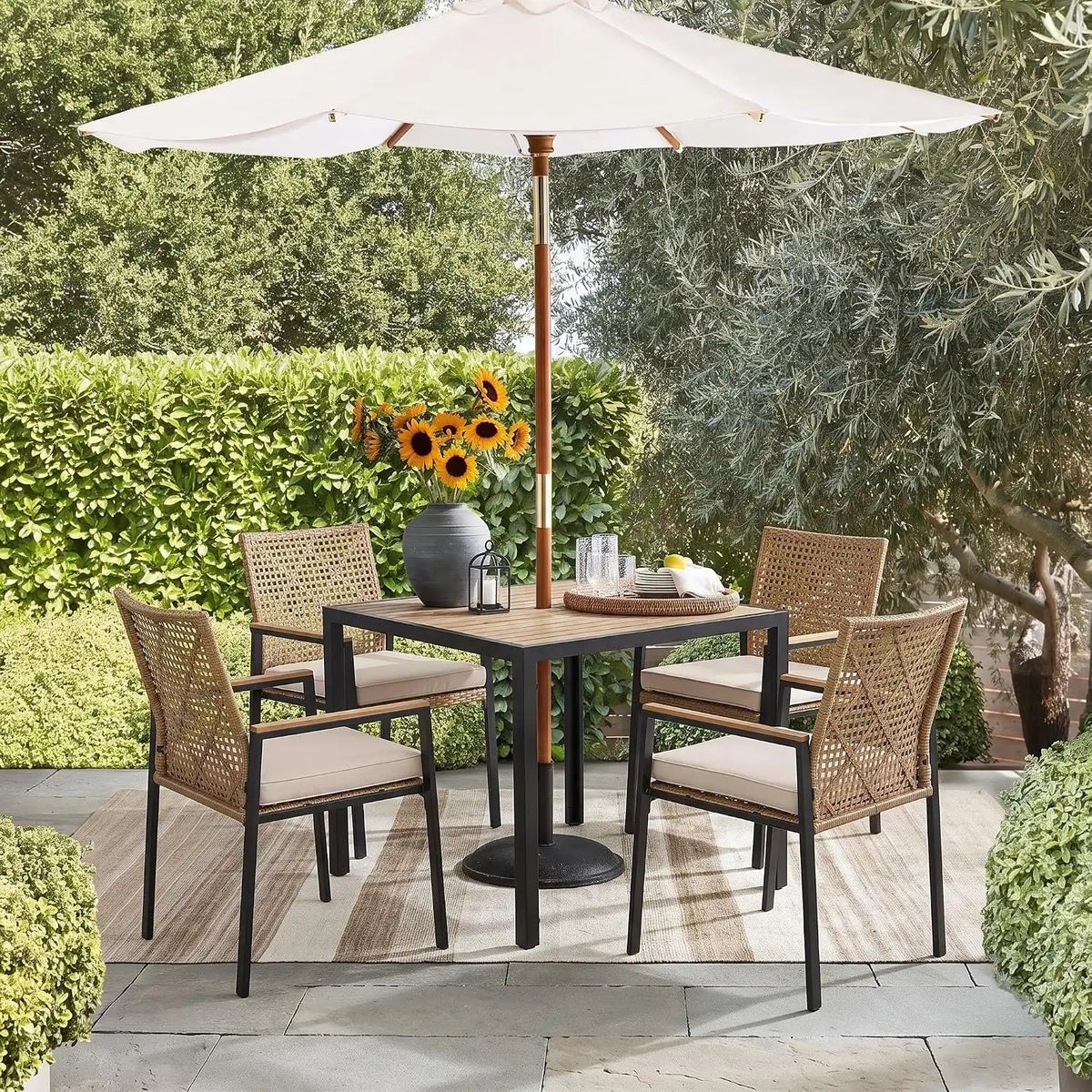 5 PCS Acacia Wood Patio Dining Set, Yellow & White