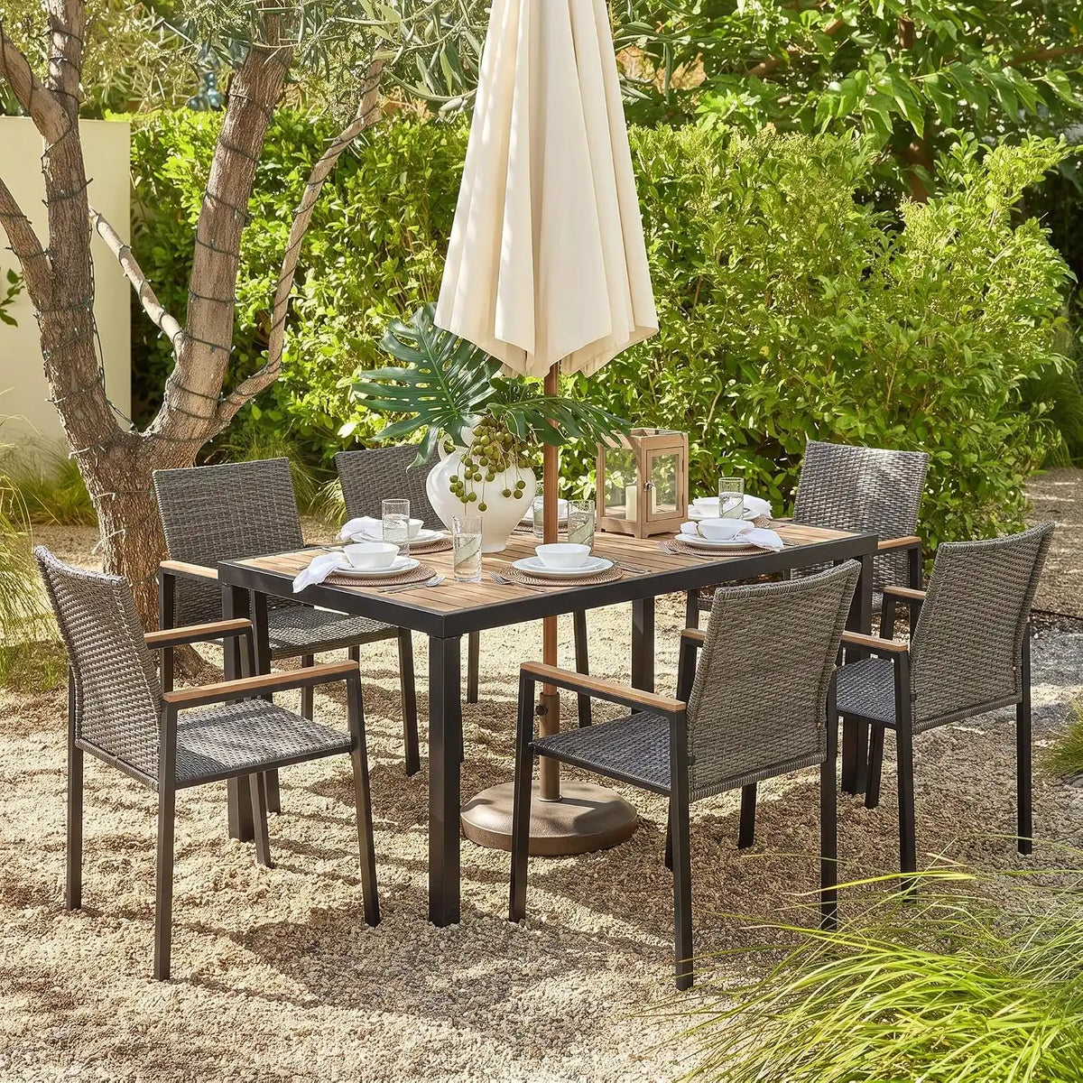 7 PCS Acacia Wood Patio Dining Set, Dark Grey Rattan