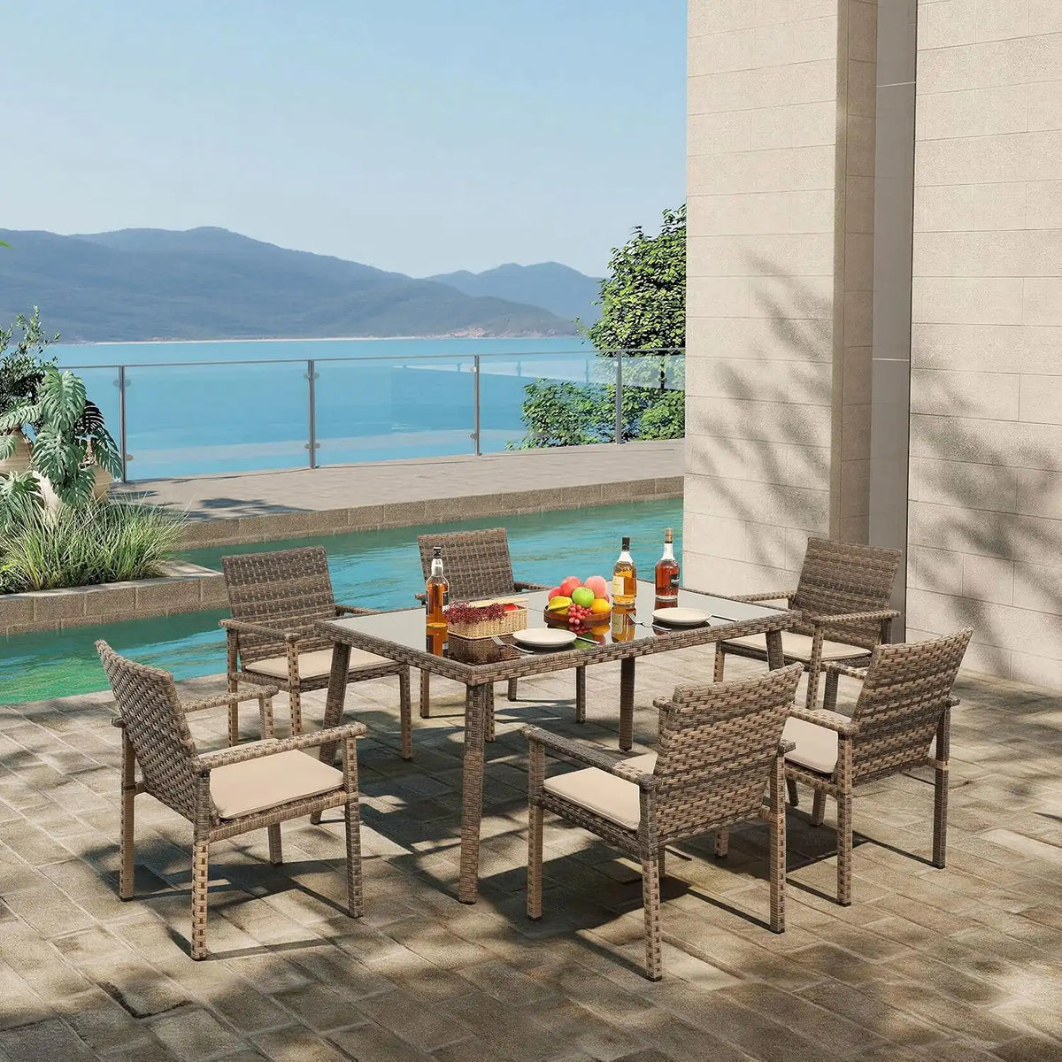 Rattaner Brown Wicker Patio Dining Set for 6 Outdoor Dining Glass Table and Chairs 7 Pieces with Waterproof Cover and Cushions, Khaki