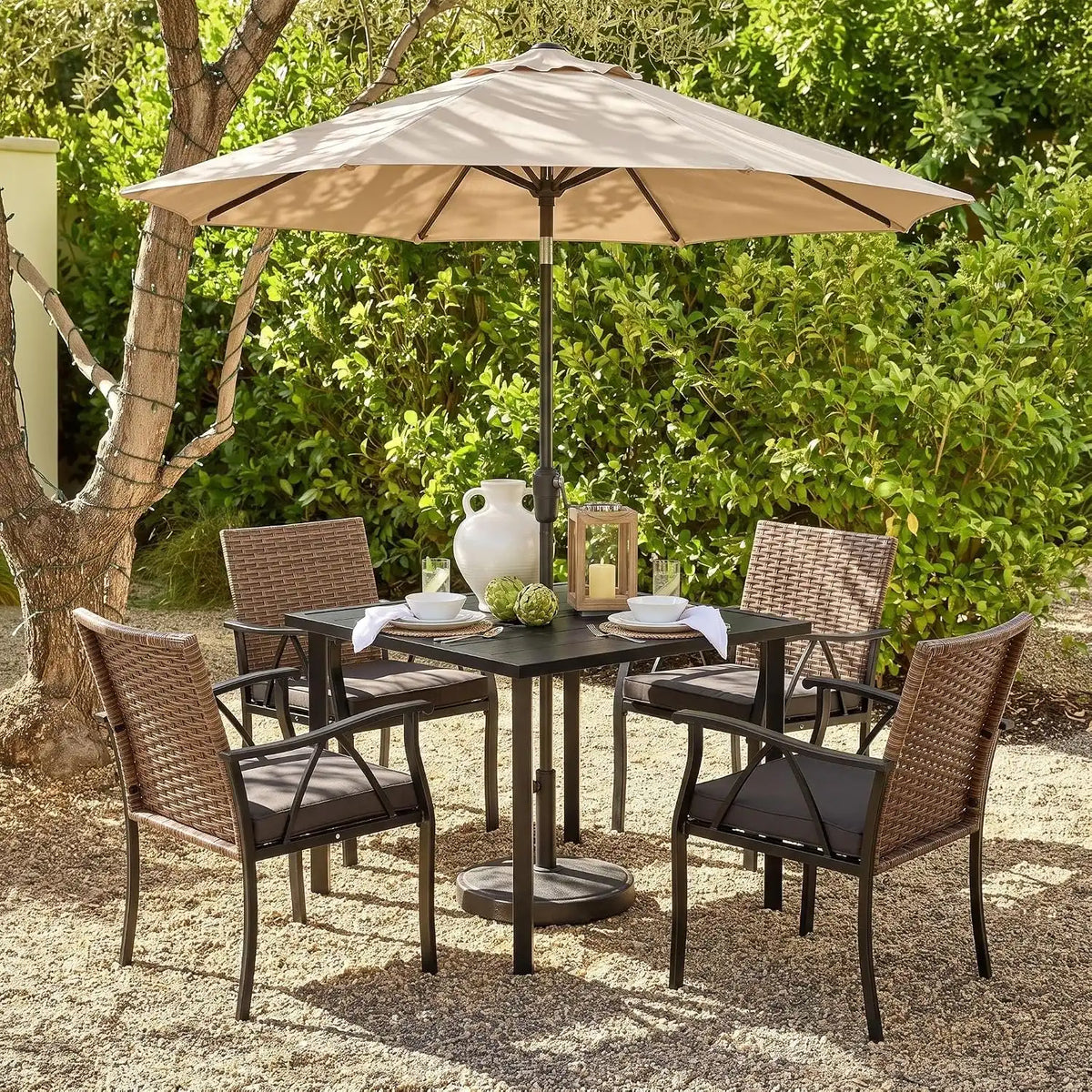 5-Piece Patio Dining Set for 4, Outdoor Dining Set with 4 Wicker Patio Dining Chairs with Cushions & 1 Black Square Woodgrain Dining Table with 1.75" Market Umbrella Hole, Black & Brown