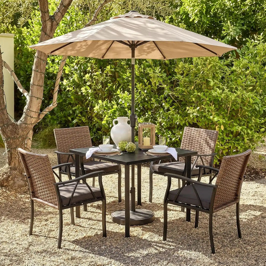 5-Piece Patio Dining Set for 4, Outdoor Dining Set with 4 Wicker Patio Dining Chairs with Cushions & 1 Black Square Woodgrain Dining Table with 1.75" Market Umbrella Hole, Black & Brown