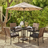 5-Piece Patio Dining Set for 4, Outdoor Dining Set with 4 Wicker Patio Dining Chairs with Cushions & 1 Black Square Woodgrain Dining Table with 1.75" Market Umbrella Hole, Black & Brown