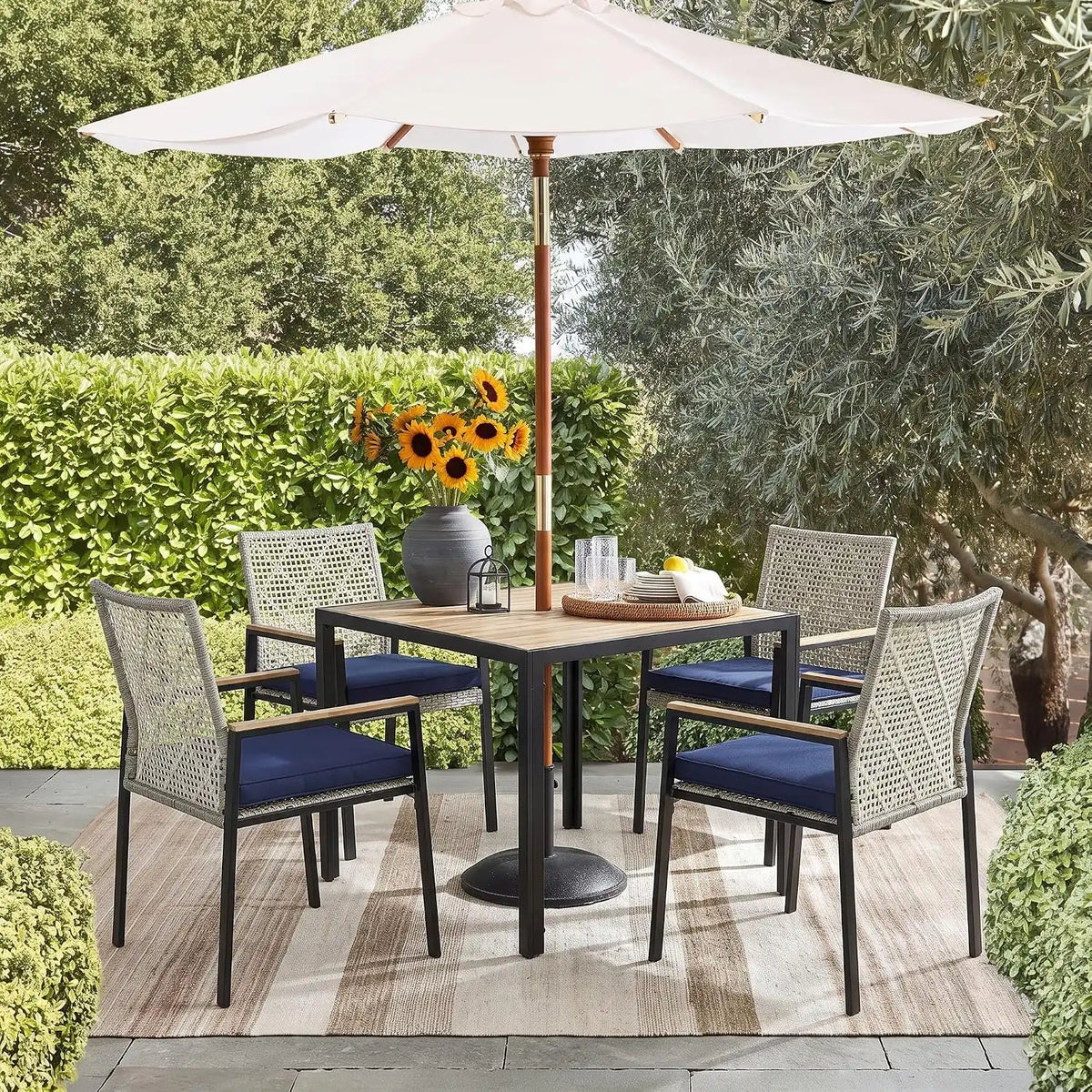 5 PCS Acacia Wood Patio Dining Set, Grey & Blue
