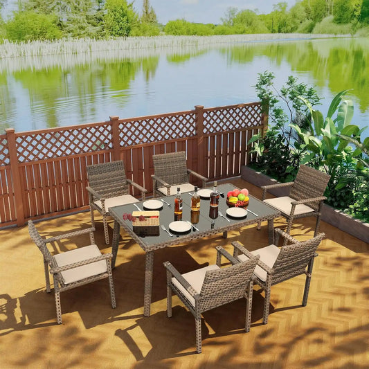 Rattaner Brown Wicker Patio Dining Set for 6 Outdoor Dining Glass Table and Chairs 7 Pieces with Waterproof Cover and Cushions, Khaki