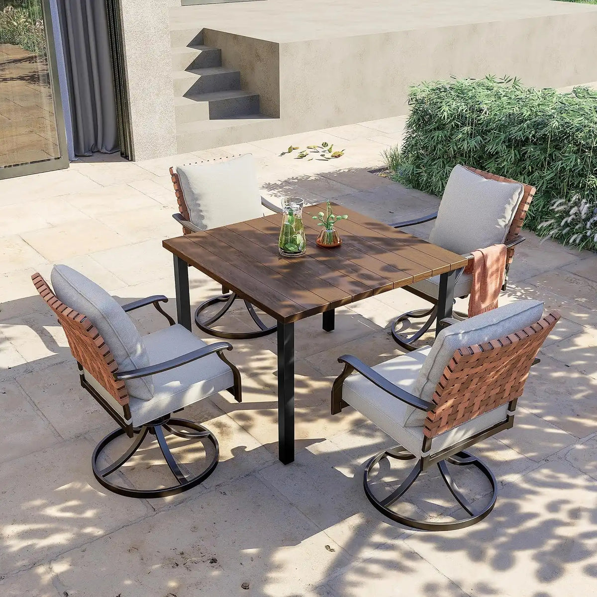 Grand patio 5-Pc Outdoor Swivel Dining Set, 4 Gray Chairs + Table, Brown