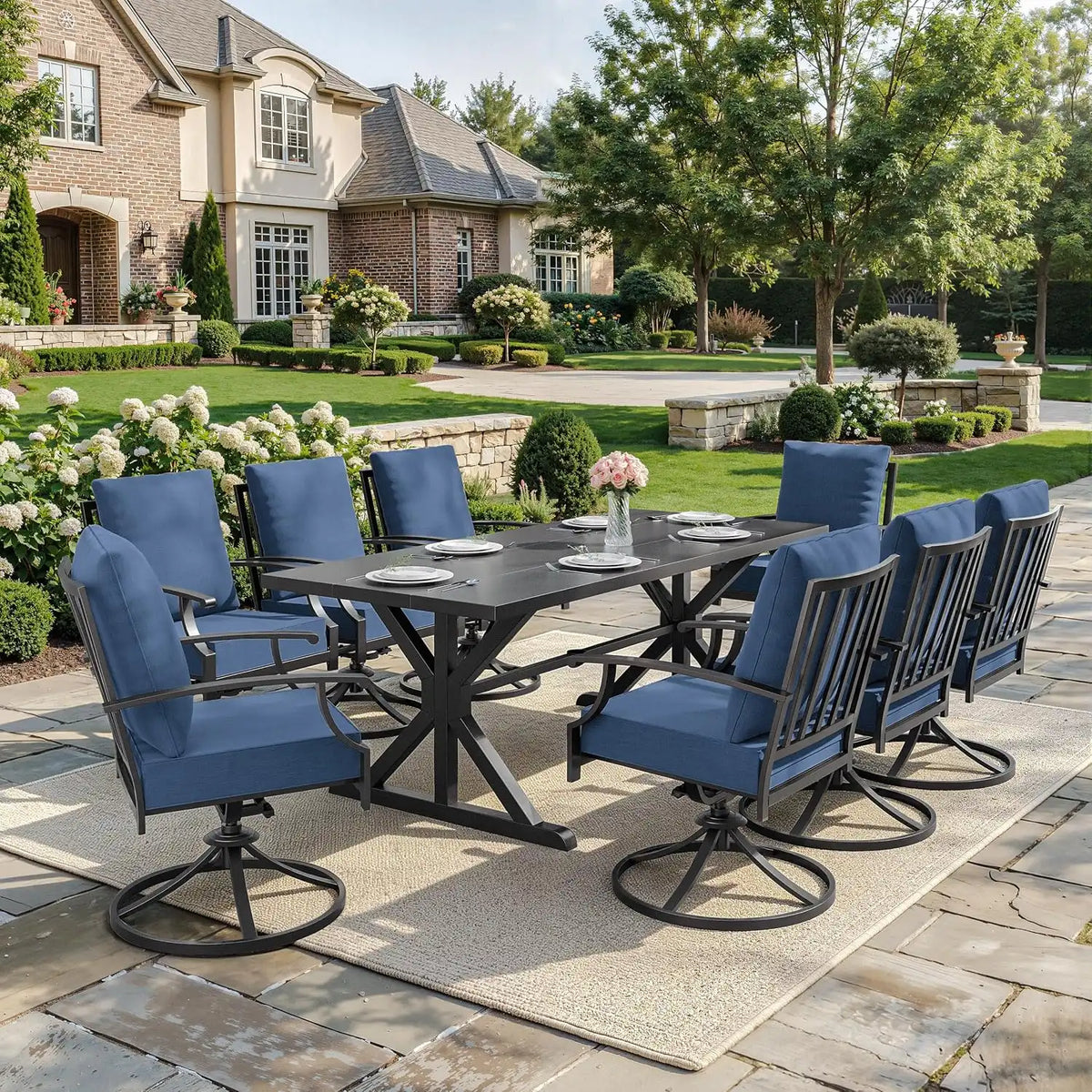 ALAULM 9-Piece Patio Dining Set,Outdoor Metal Dining Set with 8 Swivel Chairs & Rectangle Table with 1.5 Umbrella Hole, Patio Dining Table and Chairs for Backyard,Navy