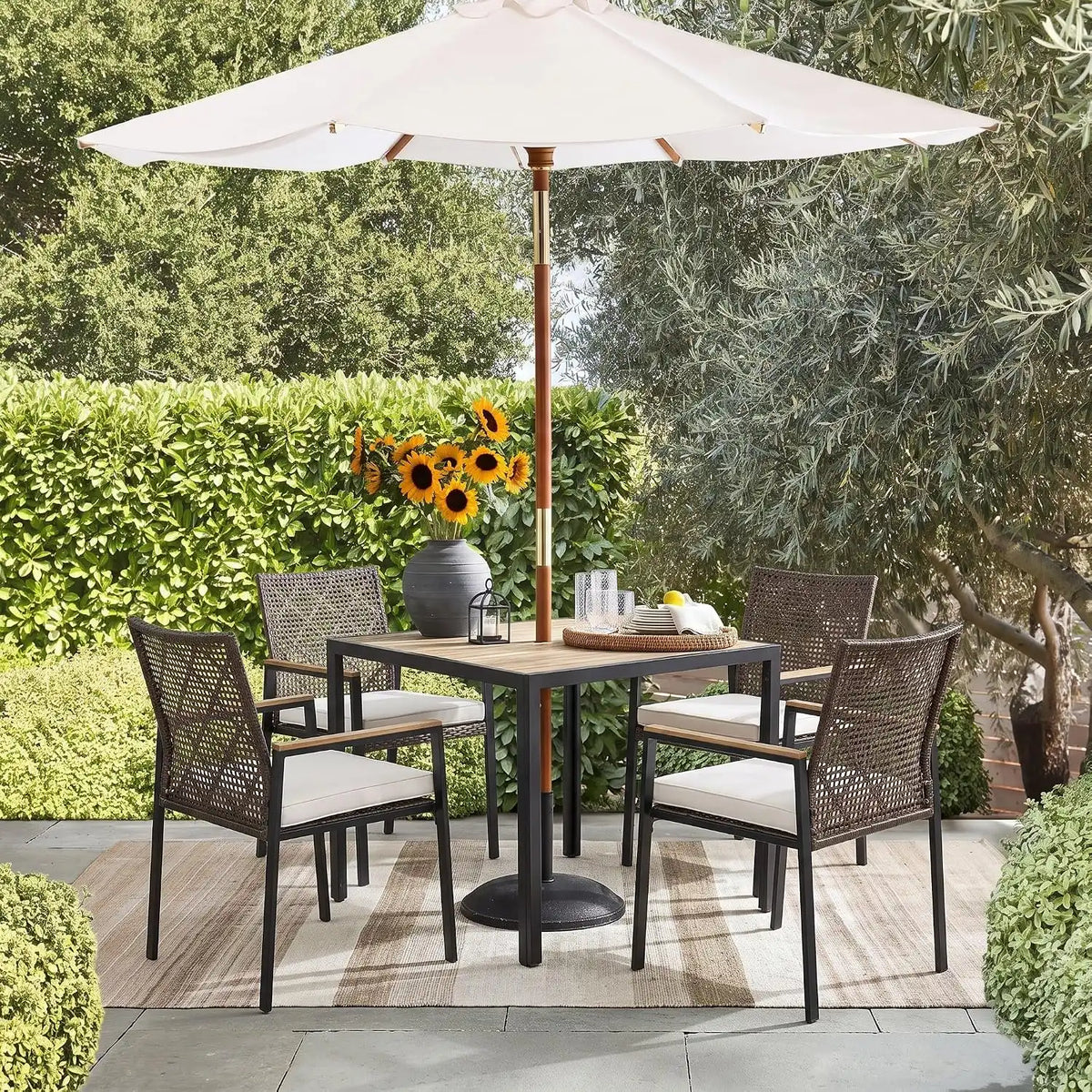 5 PCS Acacia Wood Patio Dining Set, Brown & White