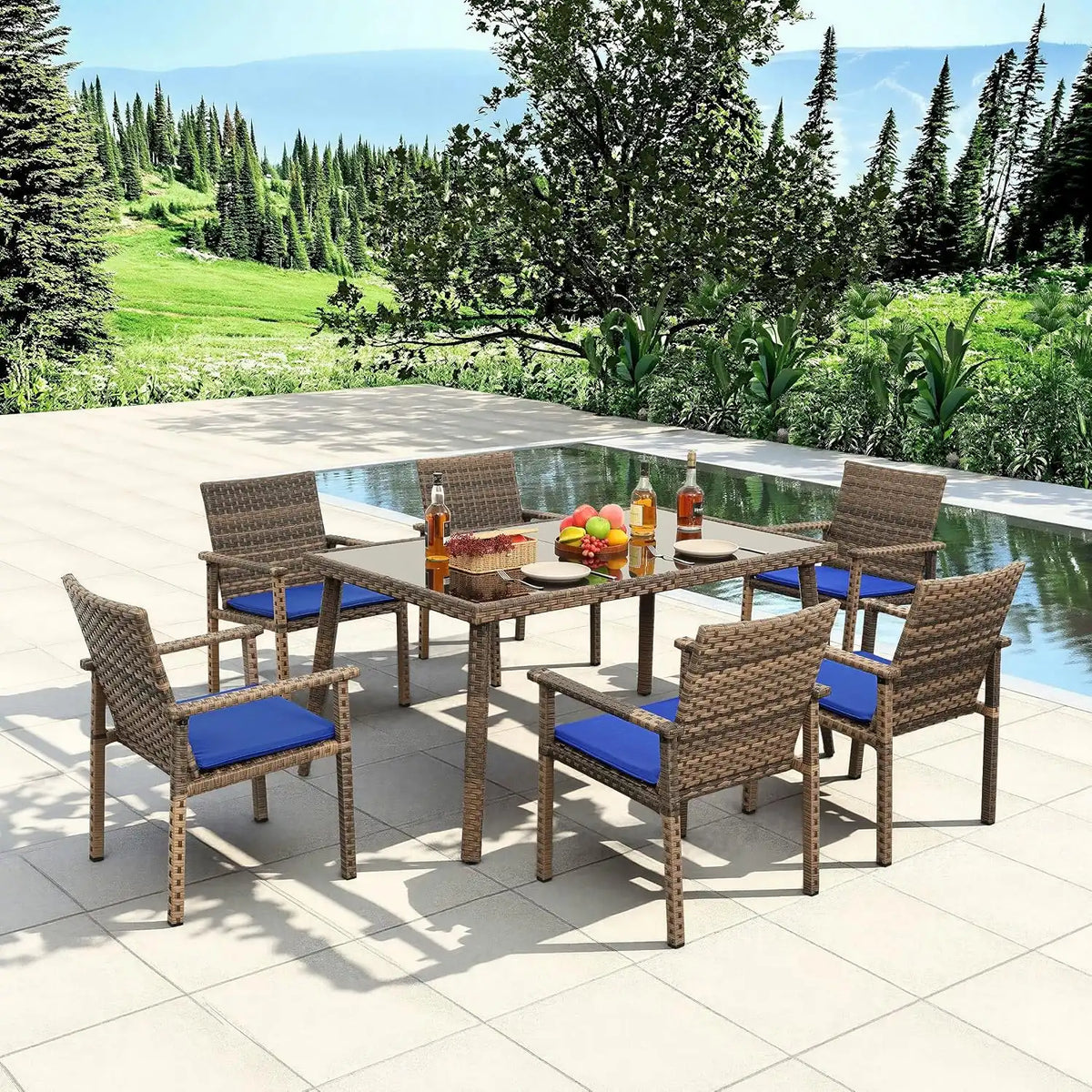 Rattaner Brown Wicker Patio Dining Set 7 Pieces Outdoor Dining Table and Chairs with Cushions and Waterproof Cover, Royal Blue