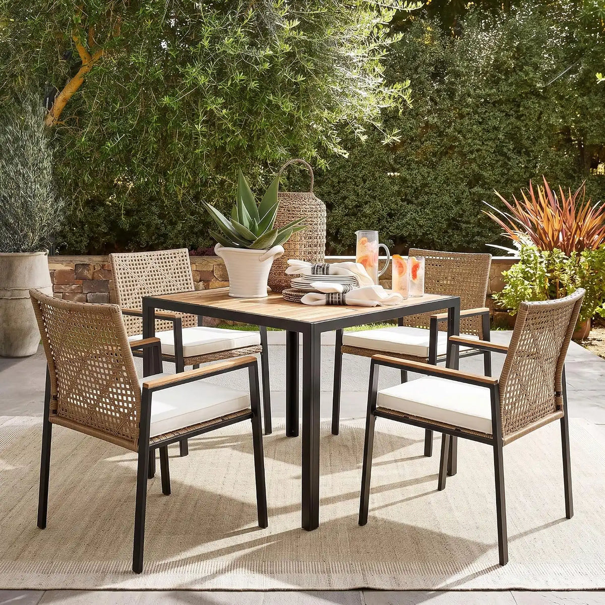 5 PCS Acacia Wood Patio Dining Set, Yellow & White